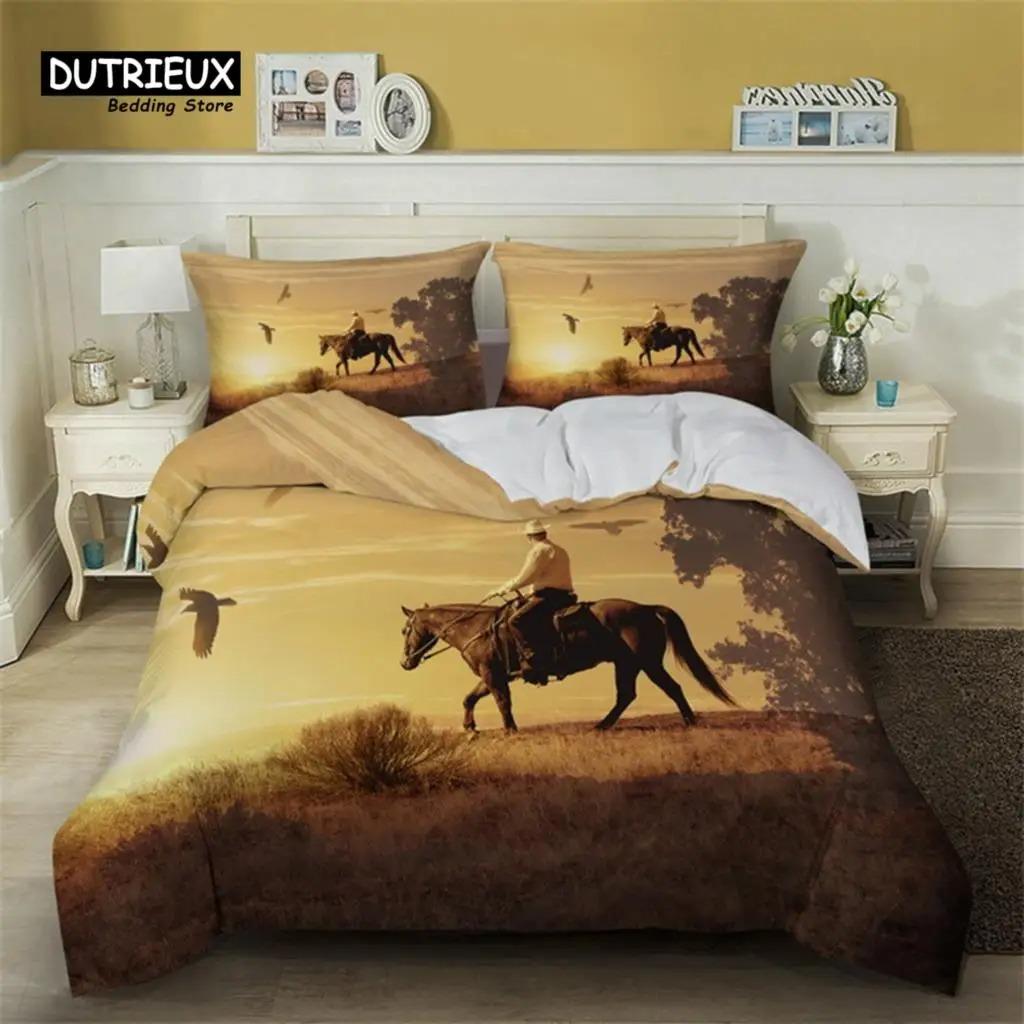 Vintage Duvet Cover Set Microfiber Rodeo Cowboy Riding Bull Wooden Old Sign Western Style Wilderness At Sunset Image Bedding Set