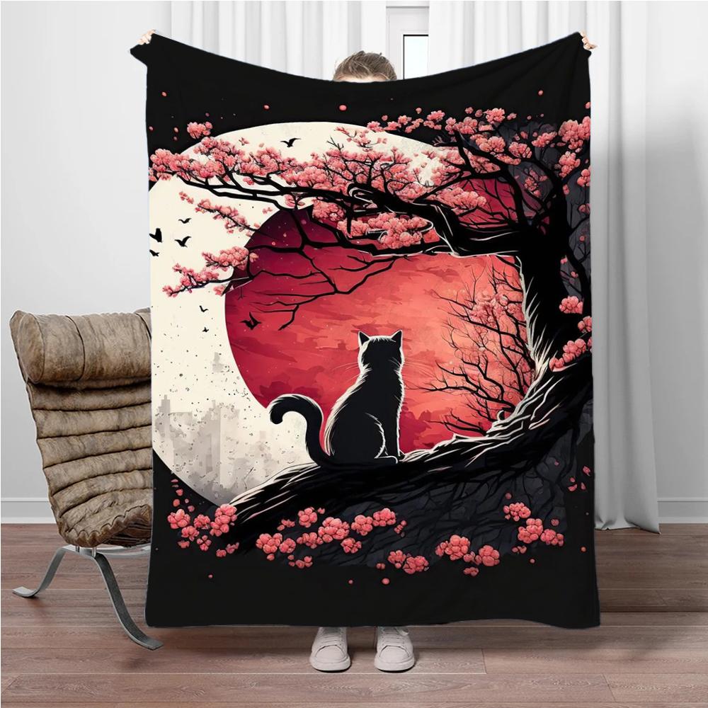 Cats Cherry Blossom Flannel Blanket Children Warm Soft Blanket for Sofa Bed Cover Blanket Suitable for Birthday Souvenir Gifts