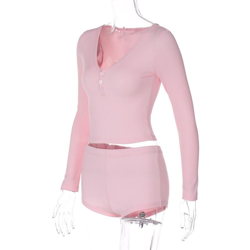 2-teiliges Pyjama-Set für Damen, figurbetonte Shorts + langärmliges V-Ausschnitt-Button-Down-Top, sexy Y2K-Set, Loungewear