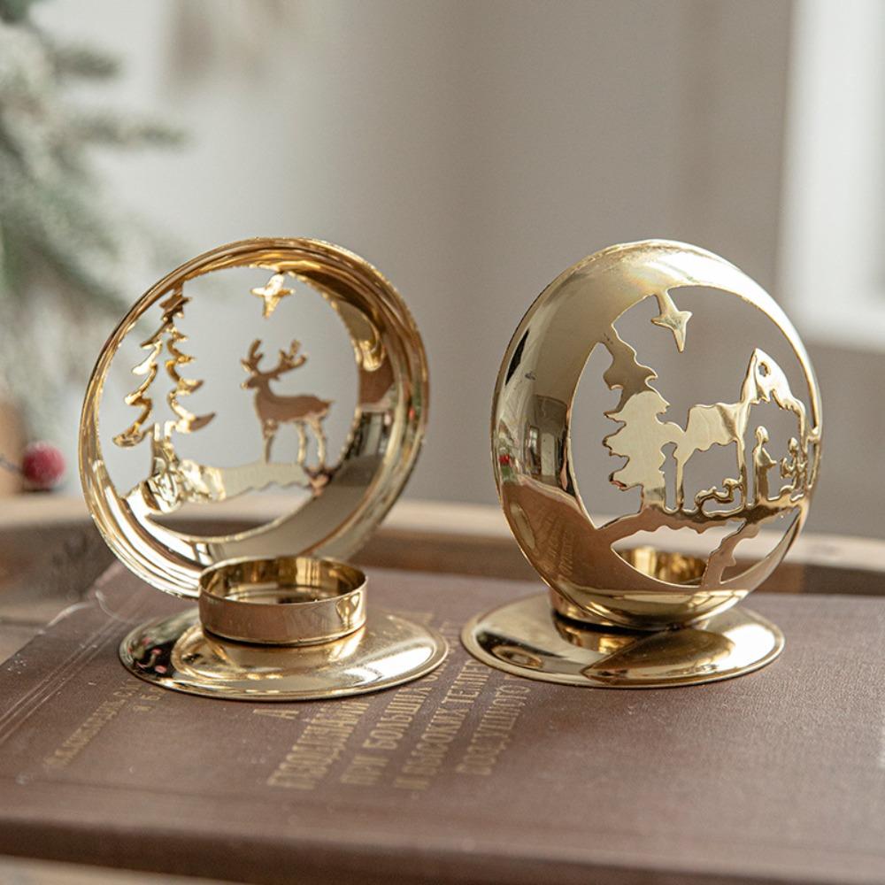 Nordic Style Christmas Candle Holder Deer Bell Christmas Tree Golden Iron Candlestick Candle Stand Candlestick Table Ornament