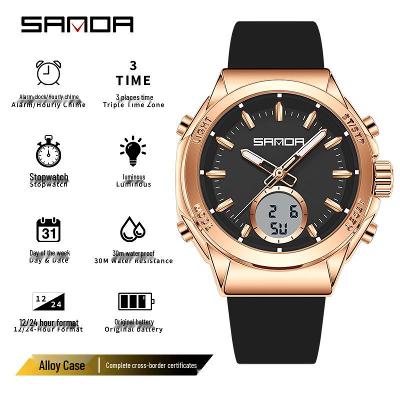 Orologio da donna Sanda Doppio Display: Multifunzionale, Luminoso, Impermeabile, alla Moda, Nuovo Modello con Sveglia e Timer per Studenti.