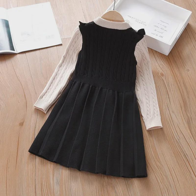 Langärmliges Strick-Pulloverkleid aus Spitze für Mädchen – Herbst/Winter im College-Stil