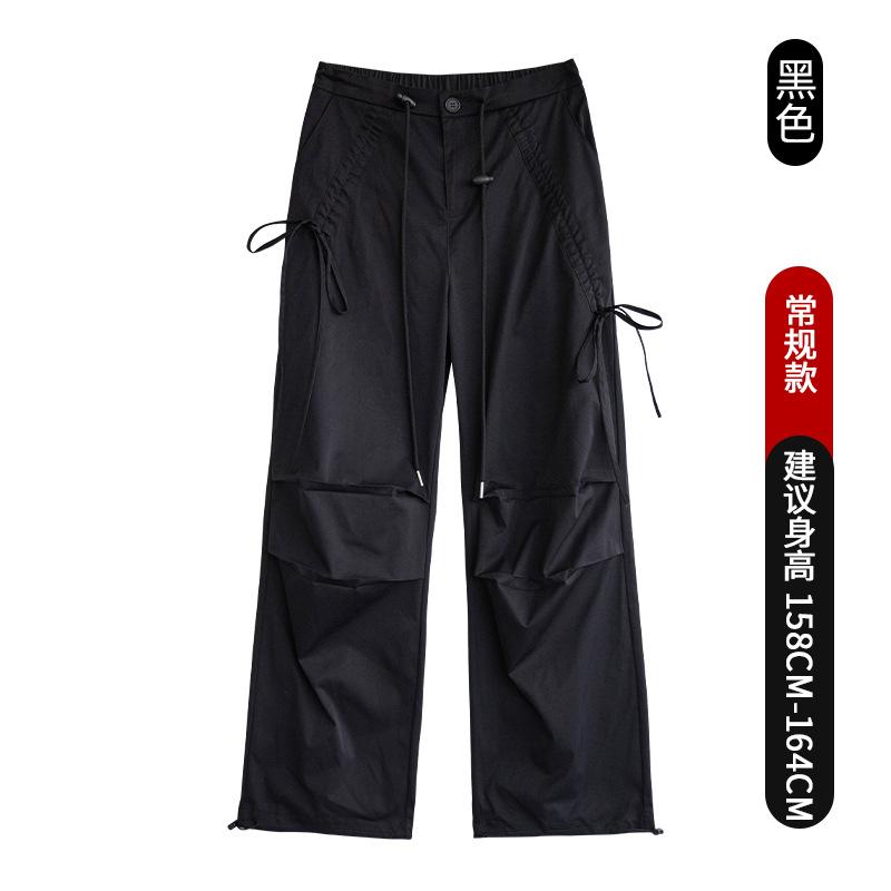 Bow overalls women's spring new paratrooper pants high waist wide legs thin lace-up casual sports pants