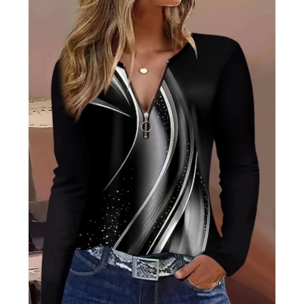 Autumn and winter zipper V-neck long-sleeved casual printed casual tops women's shirts fashion loose shirt tops for women