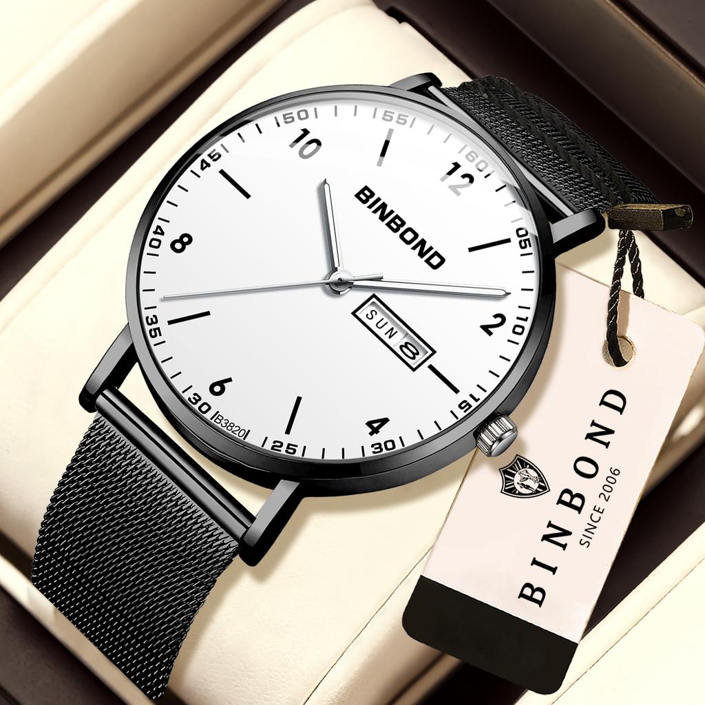 BINBOND Luxury Quartz Wristwatches For Men Luminous Waterproof Week Display Auto Date Men's Watch Stainless Steel Reloj