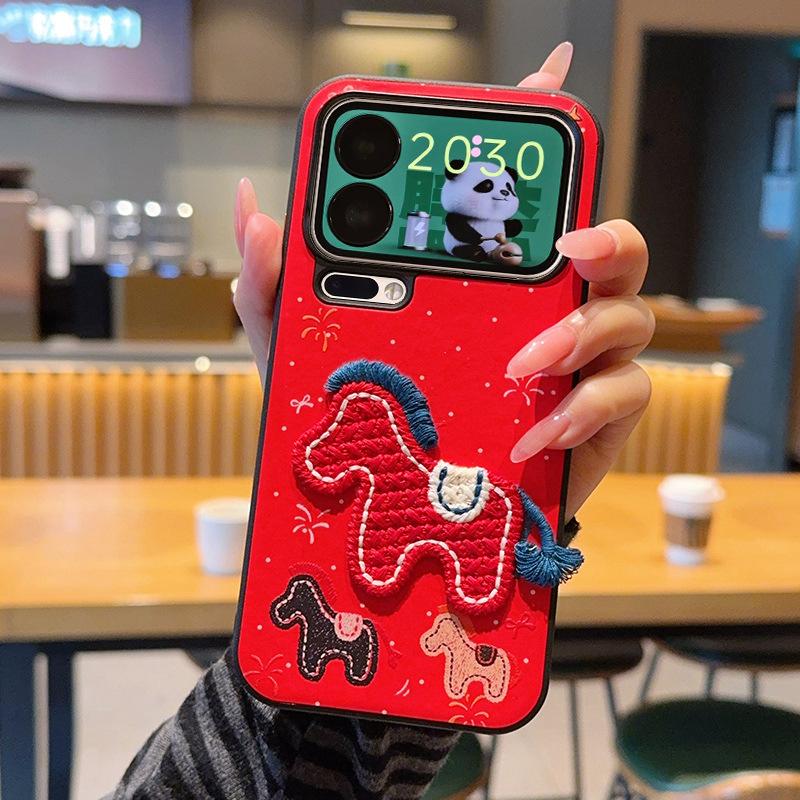 Embroidered Pony for Xiaomi 17ultra Mobile Phone Case, Red Xiaomi 17Pro Protective Case 14ultra New Year
