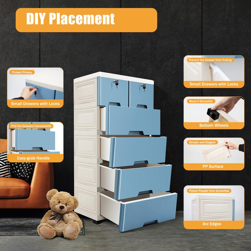 6-Drawer Modular Storage Cabinet – PP Plastic Dresser with Wheels & Locks – White/Blue – 50 x 35 x 102 cm