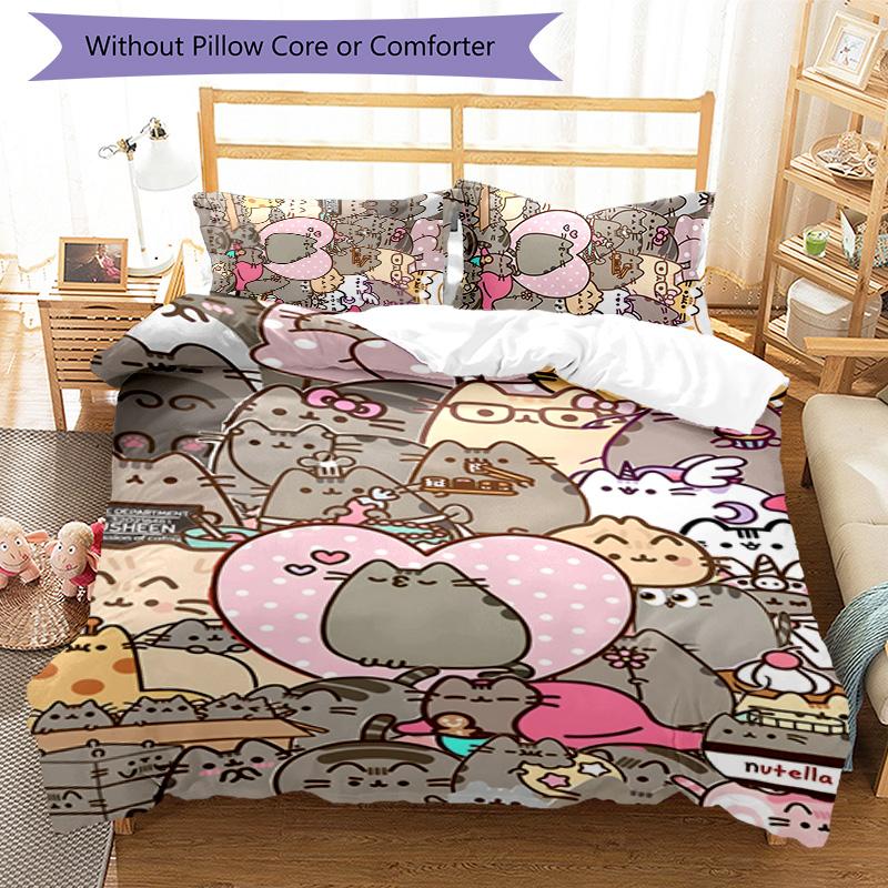 3pcs Pusheeen Design Cover Set - HD Printed Bedding with 1 Cover and 2 Pillowcases - Perfect for Home and Dorm Decor