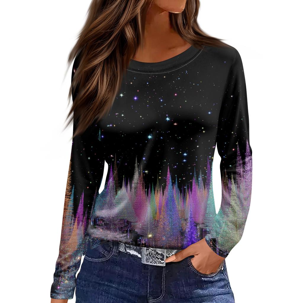 Dámská módní ležérní halenka s rozparkem, kulatým výstřihem, dlouhým rukávem, volná, s potiskem