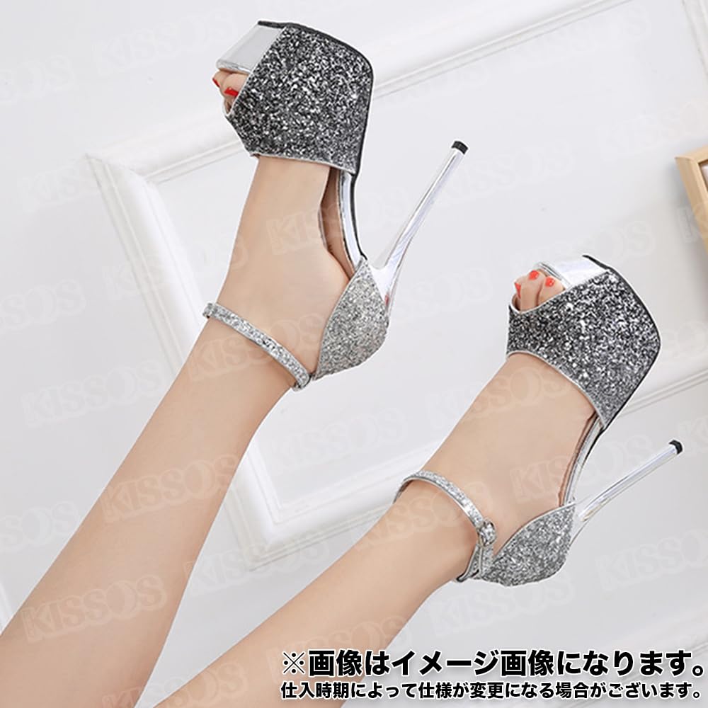 KISSOS Women's Sequined Sparkly Cabaret Heel Ankle Strap Stiletto Heel Open-Toe Sandals/Pumps (Black, Size 24.0cm (38))