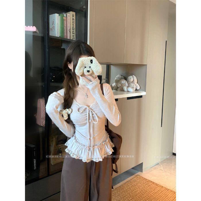 Wool Plush Lace Patchwork V-neck Ruffle T-shirt for Women - Autumn Style