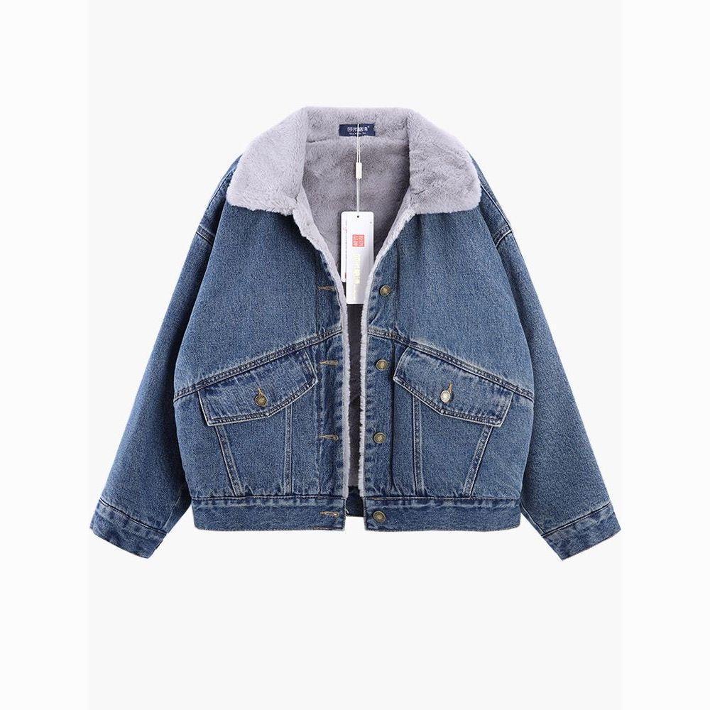 Women's Stylish Korean Velvet-Lined Denim Jacket – Warm, Casual, Loose-Fit Cotton Winter Coat