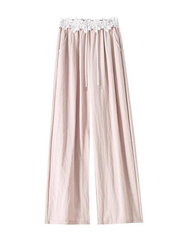 High-Waisted Sweet Lace Patchwork Wide-Leg Pants for Women - Loose-Fit Drawstring Trousers for Spring & Autumn