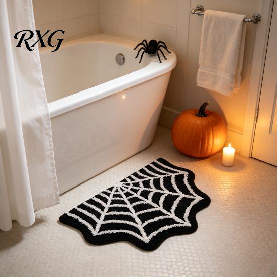 Durable Fade-resistant Rug Halloween Bathroom Rug, Spider Web Bath Mat, Gothic Pumpkin Lantern Floor Mat Non-Slip Area for Front Door Bedroom