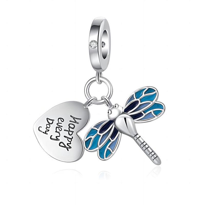 Blue Dragonfly Butterfly Birds Dangle Charm European Silver Bracelet Exquisite Bead DIY Jewelry Gift for Women
