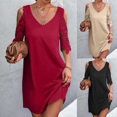 Robe décontractée ample à col en V et épaules dénudées pour femme, couleur unie