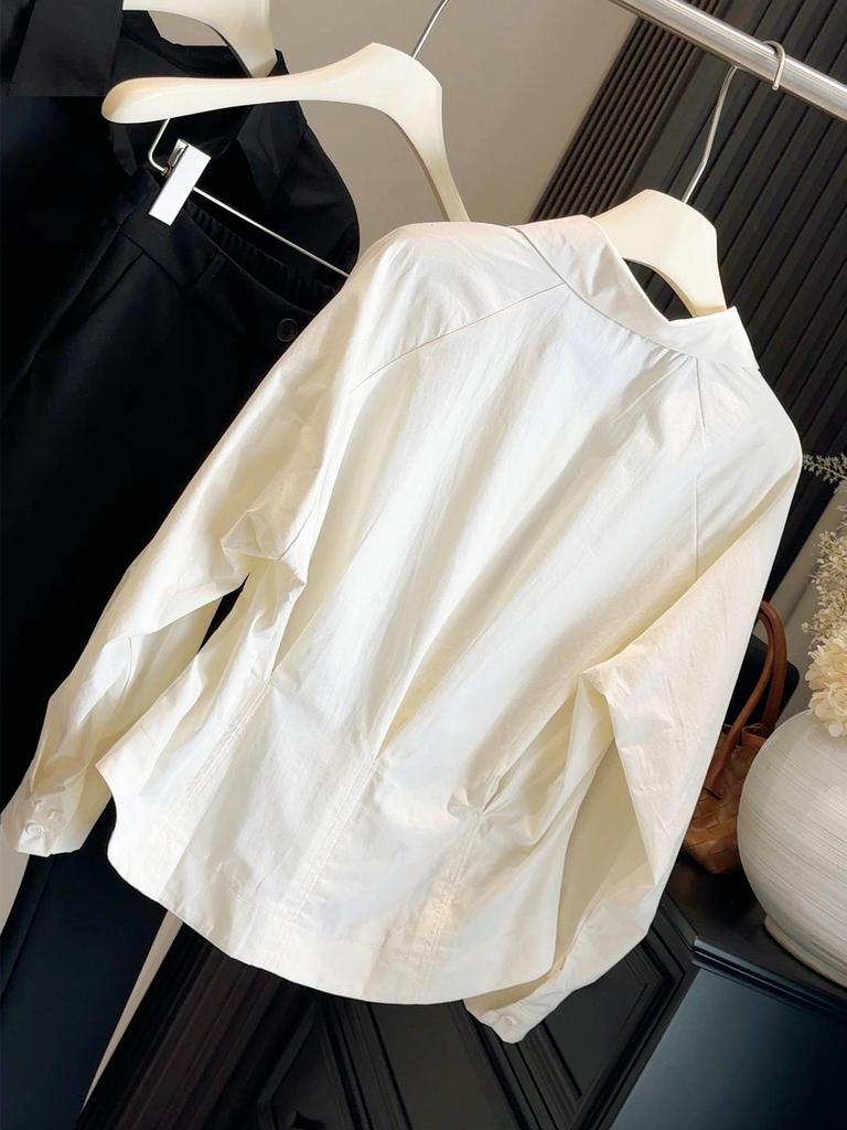 Women's Spring 2026 Stylish Pleated Waist-Cinched Straight Shoulder Shirt Top