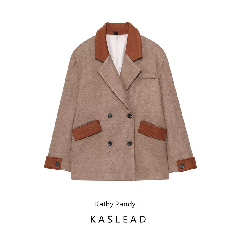 Kaslead New Women Clothes Western Style Fashion Loose Simple and Versatile Patchwork Woolen Patchwork Short Overcoat
