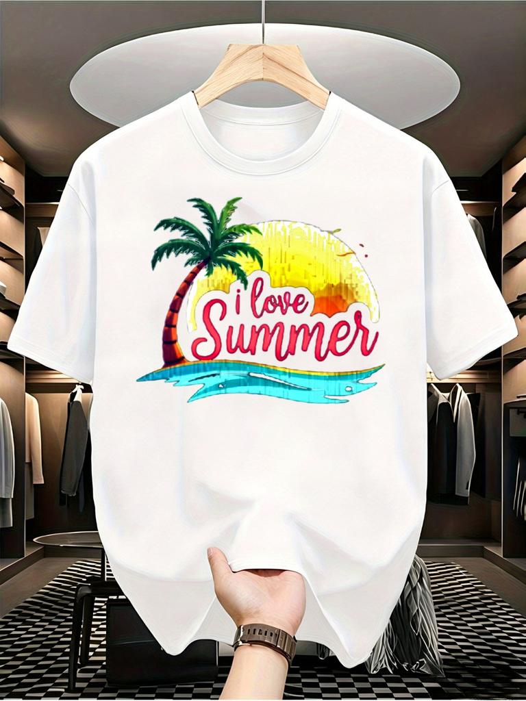 1pc Men'S Graphic T-Shirt I Love Summer Palm Tree Sunset Print Short Sleeve Crew Neck Summer Vacatio