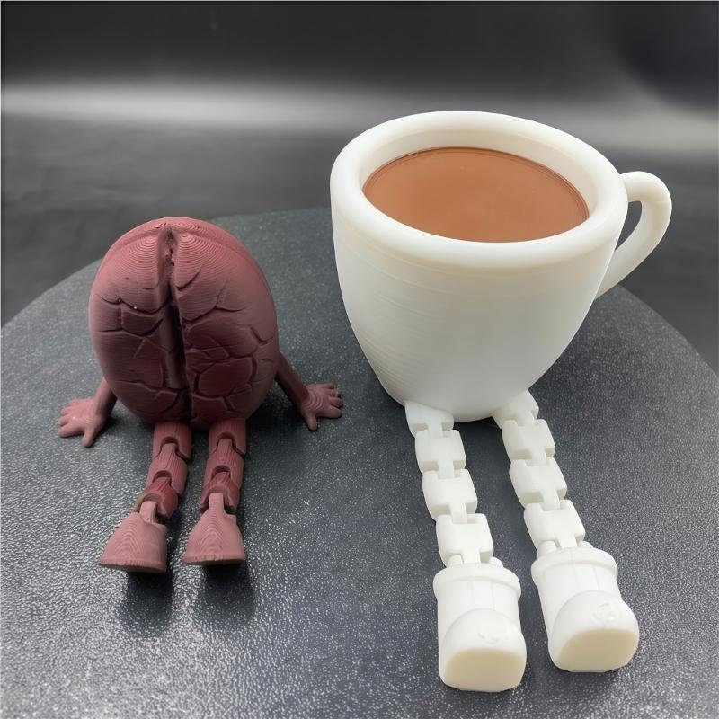 3D Printed Coffee Bean/Cup Figurines with Articulated Leg Fidgety Toy Ornament for Home Office Desktop Decorations Gift