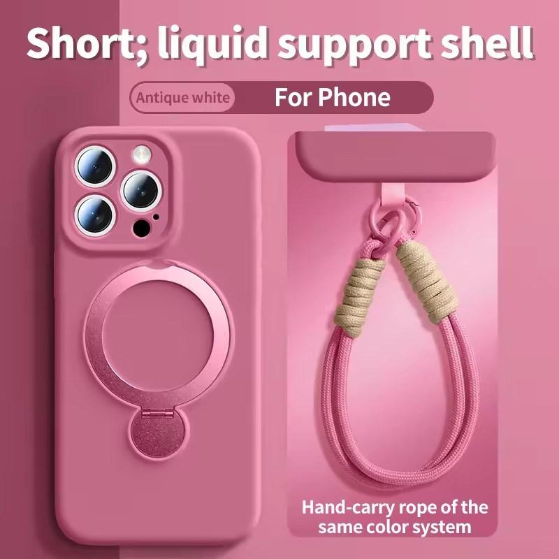 Magsafe Magnetic Bracket Liquid Silicone Phone Case For IPhone 13 14 15 16 17 Pro Max With Hanging Rope Anti fall Protective Cover