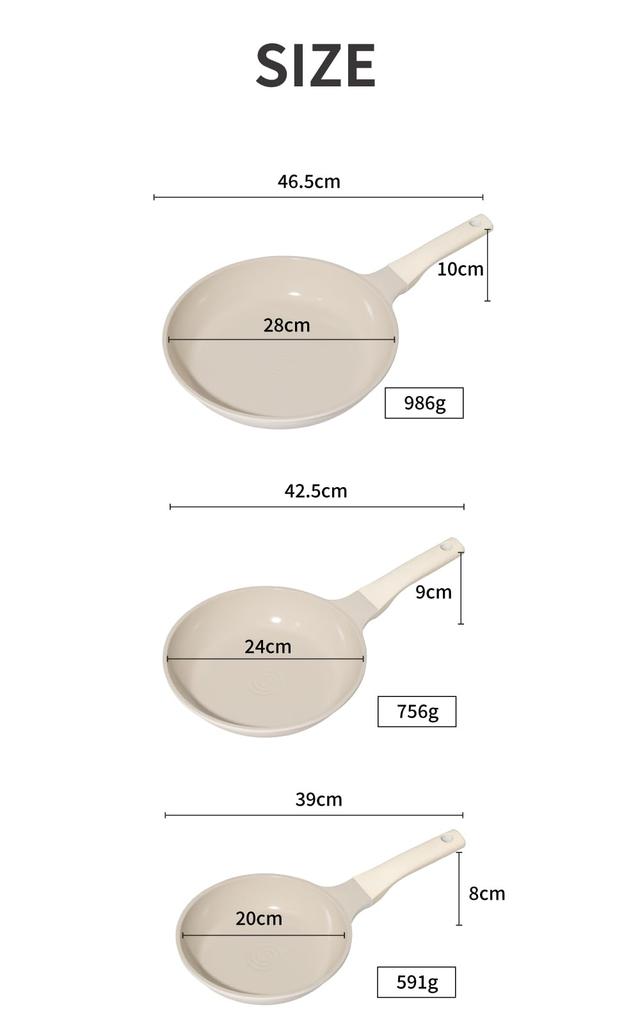 Pfannen-Set 3-teilig, Keramikbeschichtung, 20cm, 24cm, 28cm, für Induktions- und Gasherd geeignet, PFOA-frei, integrierter Griff, Cremefarbe.