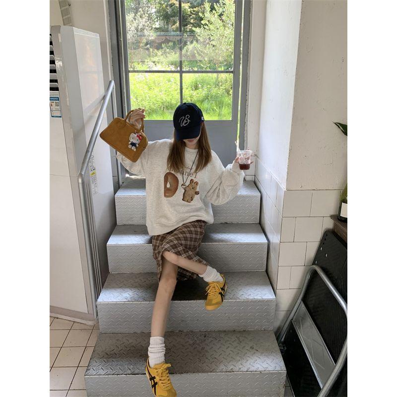 Kumikumi Sweet Style Bear Print Round Neck Temperament Long Sleeve Sweatshirt Female Autumn Loose Versatile Casual Top