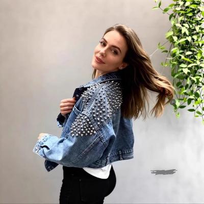 Womens Short Denim Jacket With Batwing Sleeves Rivet Embellished Relaxed Fit Washed Finish Fall 2025