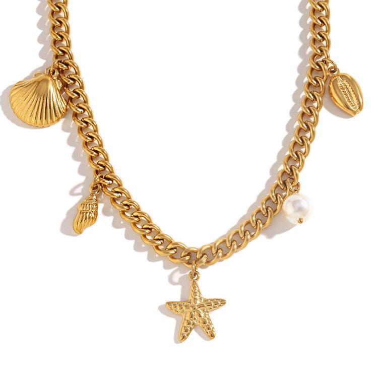 Fashionable and Retro Explosive Pendant Stainless Steel Plated with 18K Gold Ocean Style Pendant Side Chain Necklace for Women