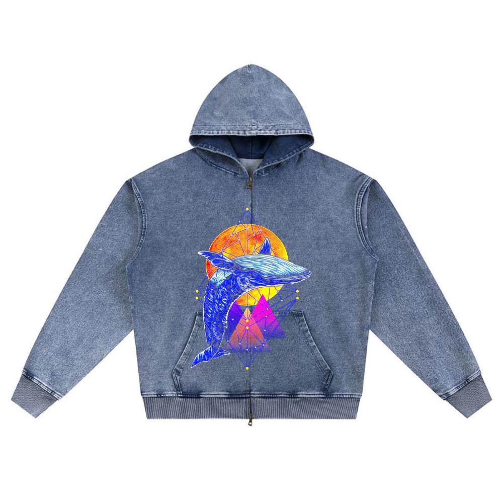 DTG print Knitted Denim Zip-Up Hoodie ballena Brother Print Zipper Hoodies  