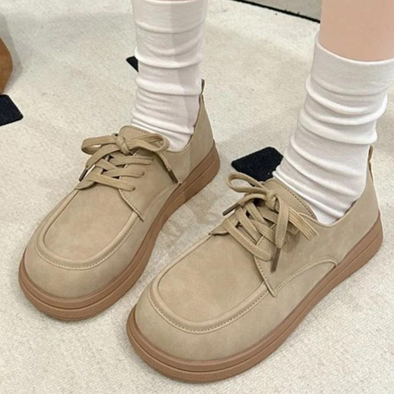Autumn Women's Flats Shoes Soft Sole Lace-up Casual Shoes Retro Brown Loafers Spring Soft Microfiber Leather Platform Thin Shoes