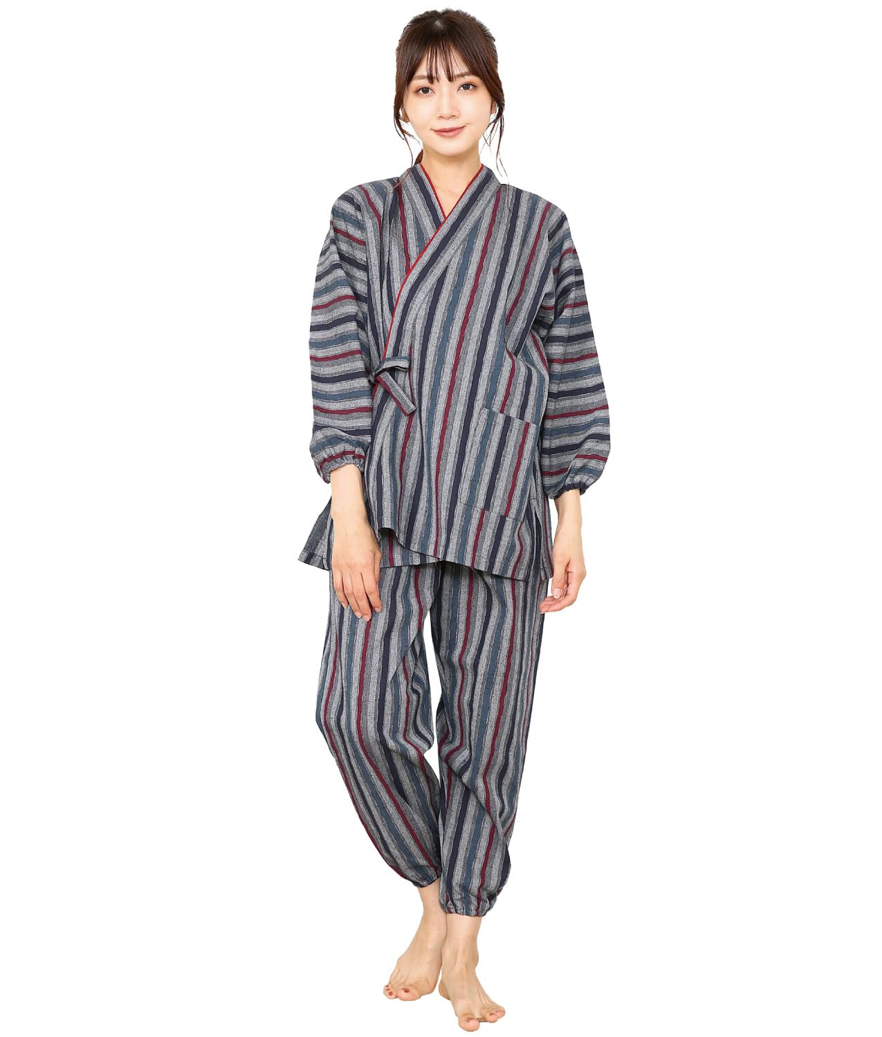 

S116 Tsumugi All Year Top and Bottom Work Work Room Room Relaxation Gray x [Nishiki] Samue, Weave, Cotton, Round, Set, Women s, 100% Cotton, Wear,