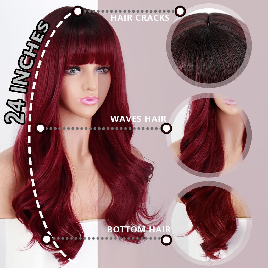 MERISIHAIR Women Long Wavy Wig with Bangs Ombre Wine Red Synthetic High Temperature Fiber Wig for Women Party Daily Wear