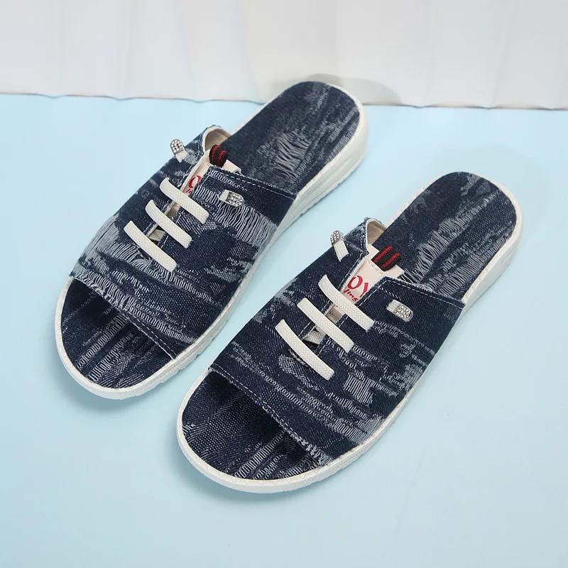 

Fashion Unisex Slides New Women Slippers Peep-toe Sandals Outdoor Casual Canvas Denim Slippers Flat Home Slippers Large Sizes 36-43 36 королівський синій колір