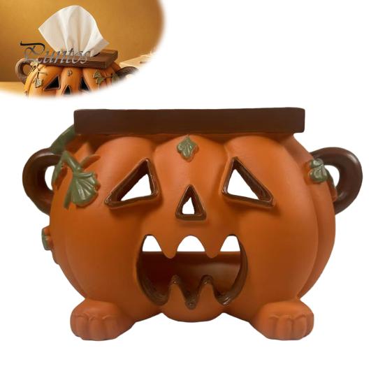 Halloween Party Supplies Pumpkin Tissue Box Holder, Resin Decorative Facial Funny Face Artistic Ornament Cover for Home Office Kitchen Living