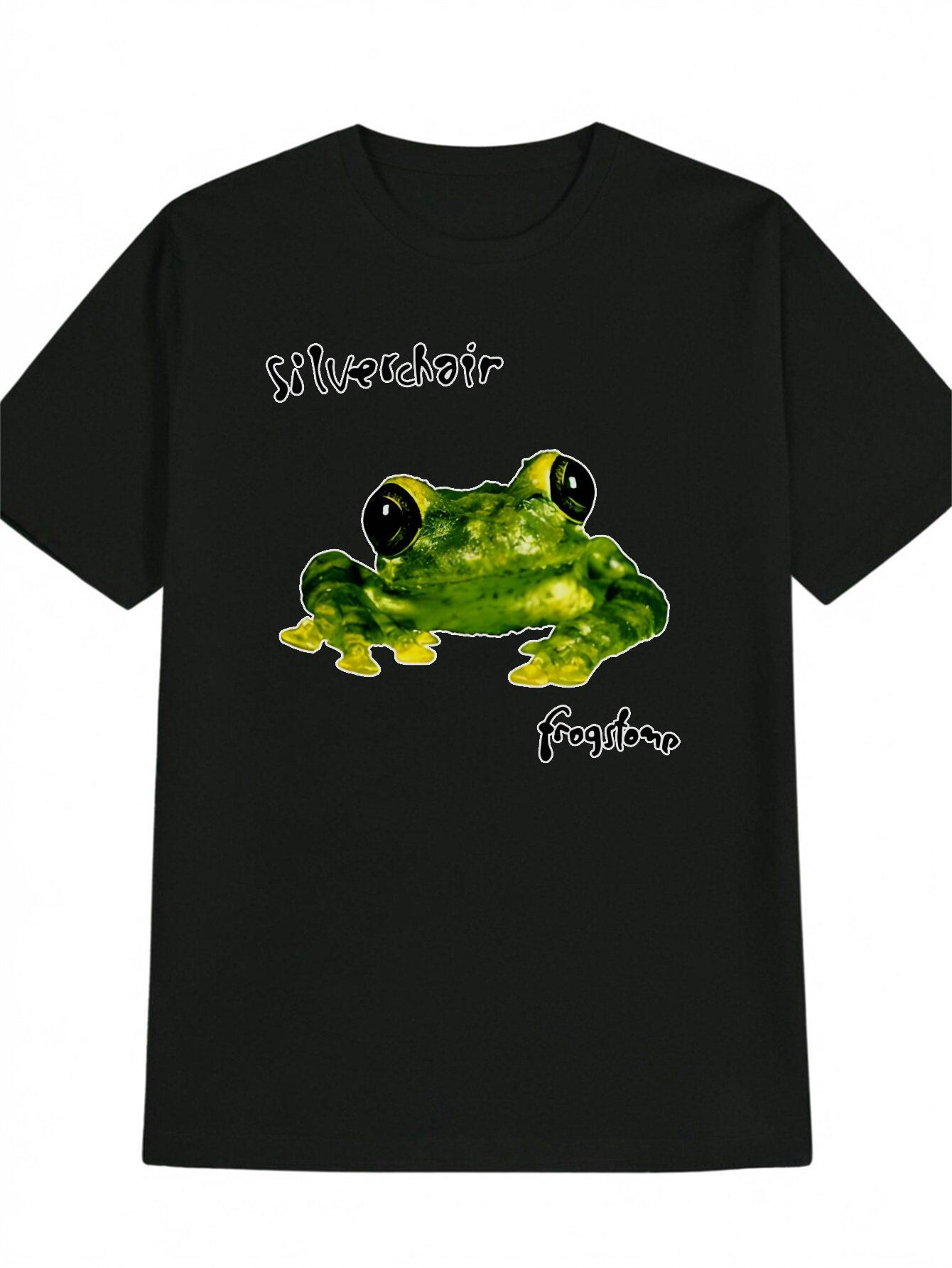 

Casual Short Sleeve T-shirt with Green Frog Graphic Print - Black Round Neck Summer Top M
