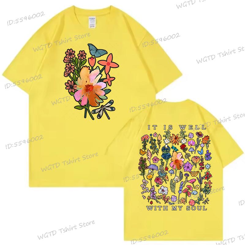 Inspirational Quotes Shirt Design Floral It Is Well with My Soul Graphic T Shirts Women Christian Floral Tops Wild Flowers Shirt