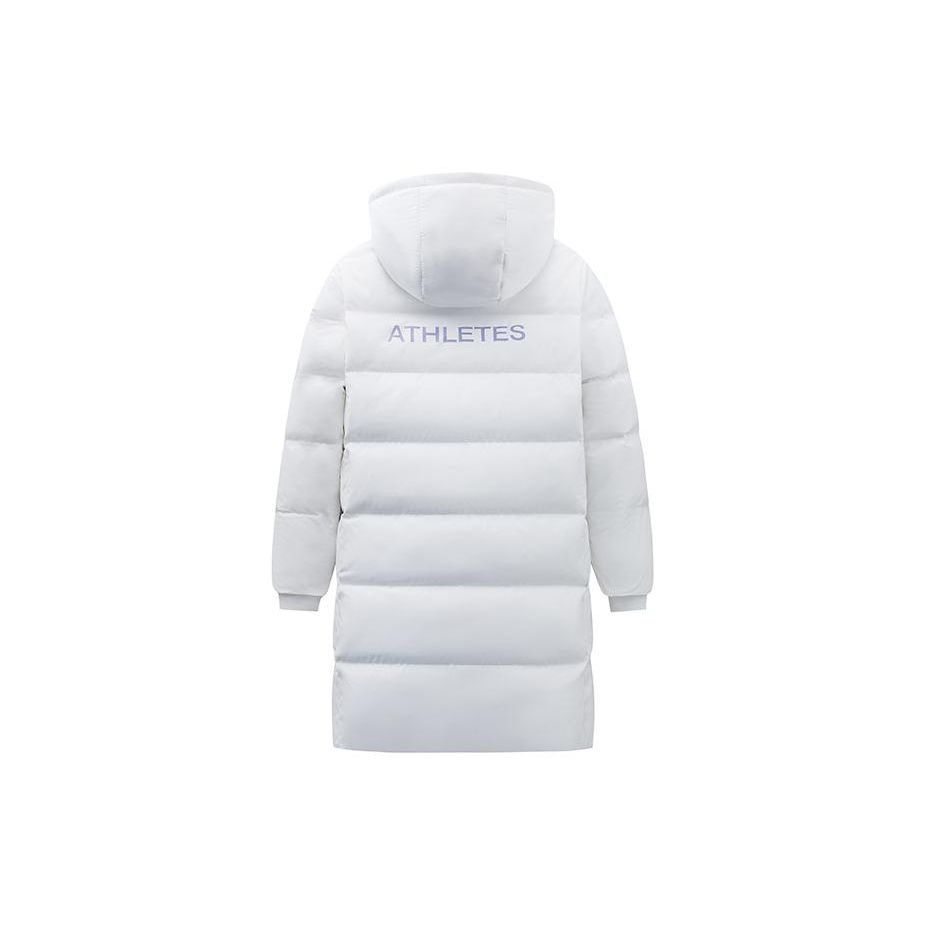 Anta Letter Print Mid-Length Water-Resistant Thickened Warm Hooded Down Jacket Women Outerwear Paper-White 162417902-2