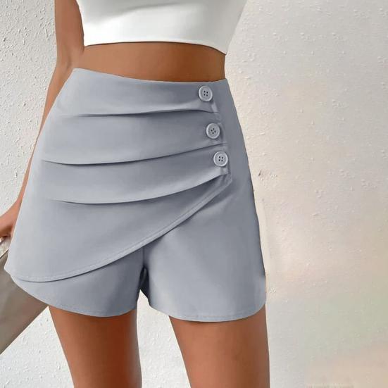 Sommer-Shorts für Damen, hohe Taille, asymmetrischer Plissee-Knopf-Dekor, einfarbig, schmale Passform, weiche Bauchkontrolle, über dem Knie liegende Mini-Shorts