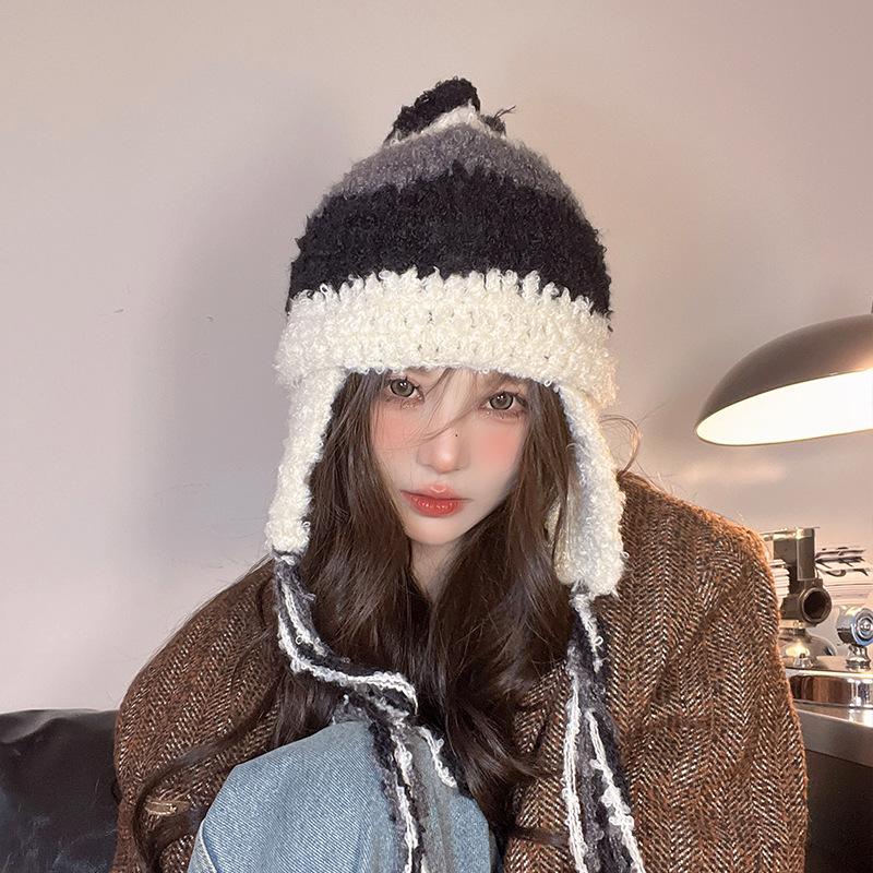 Hat Women's Autumn and Winter Big Head Circumference Warm Lei Feng Hat Wool Circle Velvet Ear Protection Knitted Cold Hat Striped Wool Hat