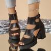 Fashion 2025 Summer Women's Peep Toe Sandals Platform Buckle Chunky Heels Back Zip Sandals for Plus Size Fashion Retro Daily Dress Shoes