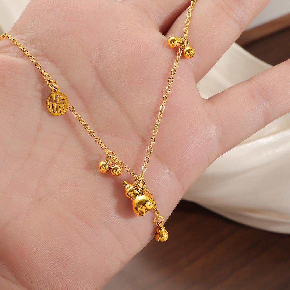 Fu Lu Hulu Stainless Steel Women's Clavicle Necklace with Tassel - Niche Chinese Style.