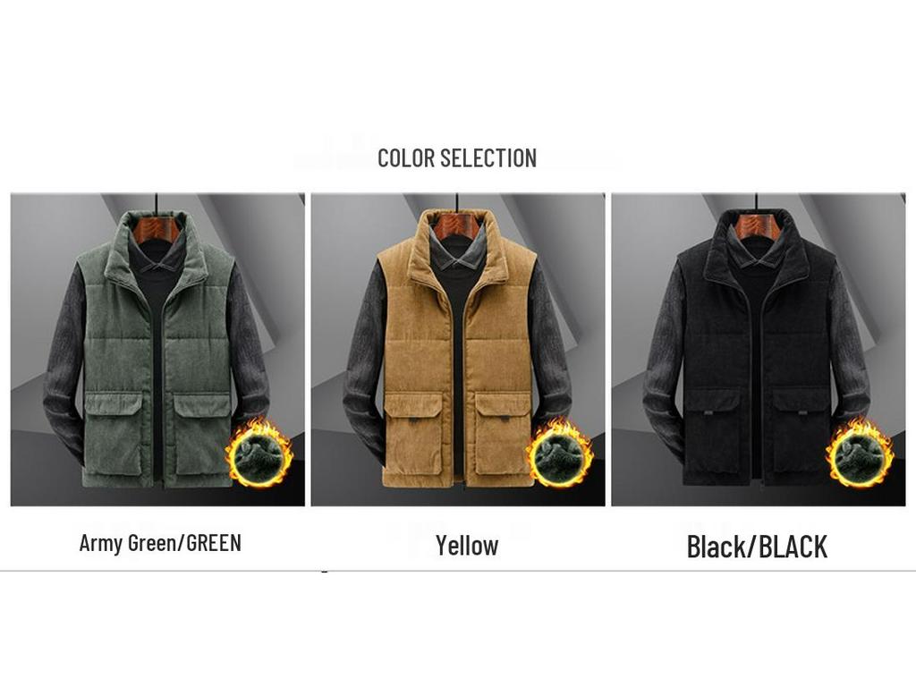 Men's Winter Fleece-Lined Corduroy Vest - Thick, Plus Size, Stand Collar, Sleeveless Jacket with Multi-Pocket Design.