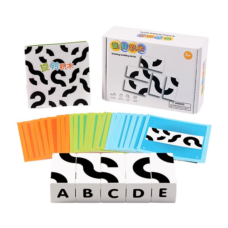 

Черно-белые вращающиеся строительные блоки Семейная игра 3D Деревянная геометрическая головоломка Логика и пространственное мышление с карточками