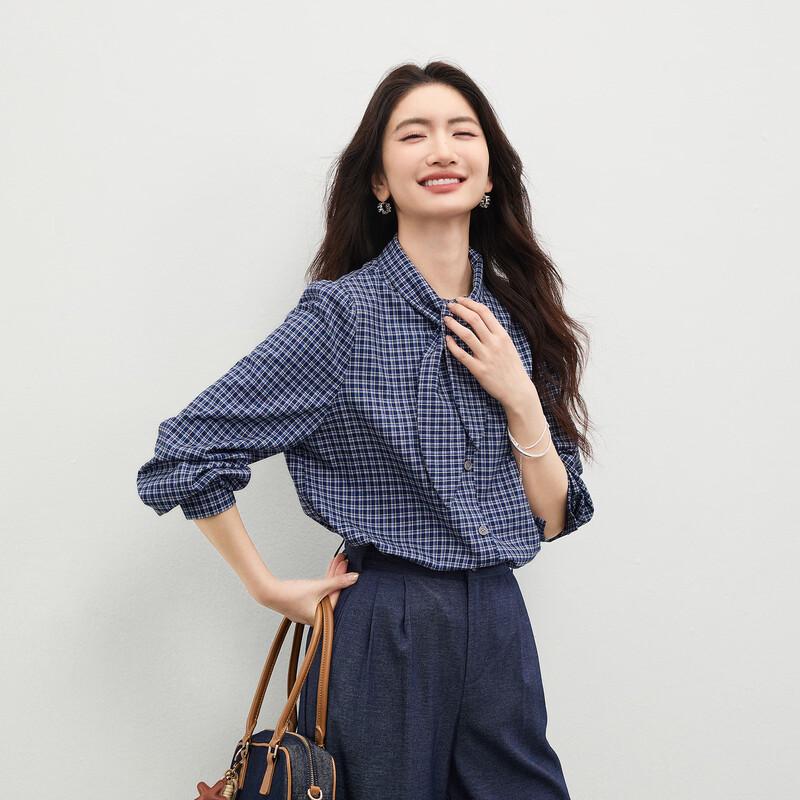 Women's Retro Plaid Tie-Neck Long-Sleeve Blouse