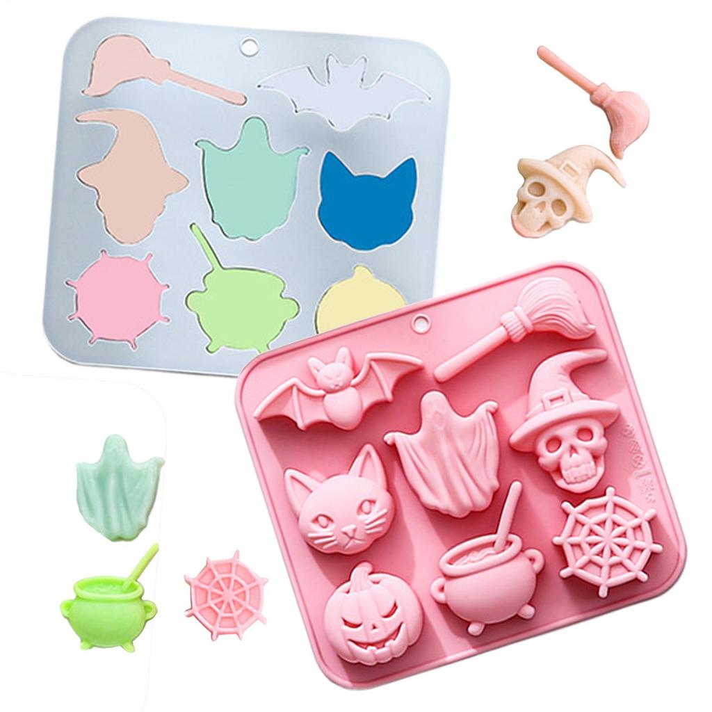 2 Pieces Halloween Theme Silicone Molds Set Cat, Bat, Ghost, Skeleton, Pumpkin, Big Pot, Spider Net Patterns Homemade Cake Mold