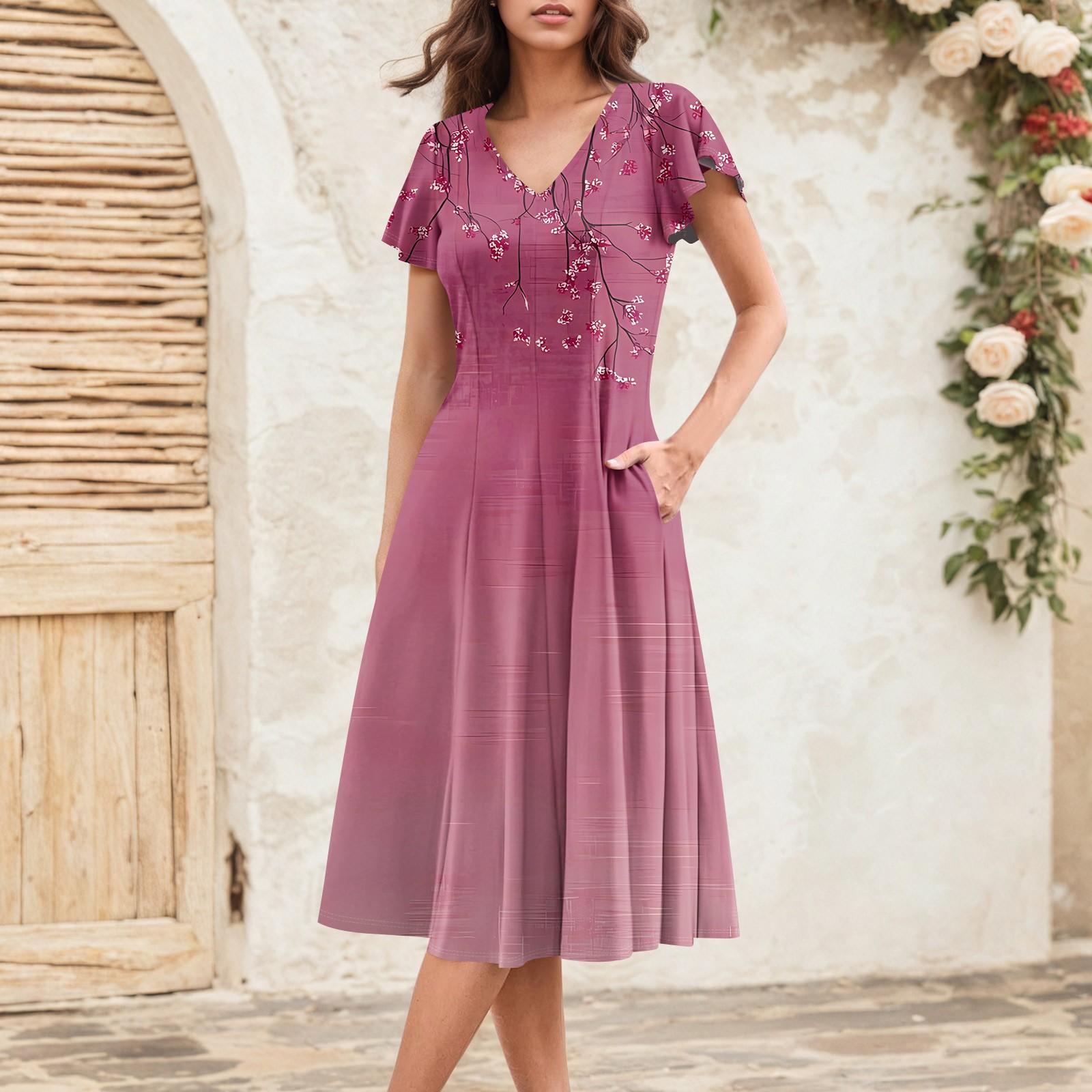 Women s Summer Fashion V-Neck Ruffle Sleeve Retro Elegant Midi Dress L