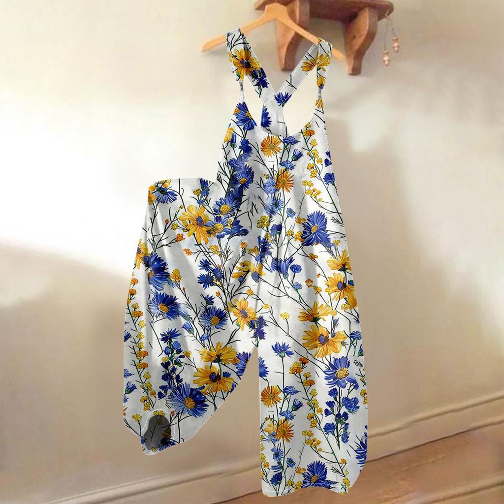 Women's Summer Overalls Floral Print Vintage Jumpsuit (Non-Adjustable Straps)