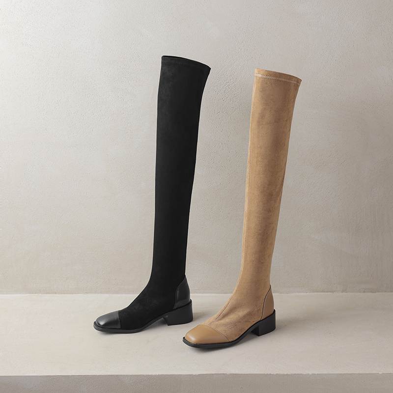 Krazing Pot Flock Autumn Winter Shoes Thick Heels Size 43 Long Boots Apricot Patch Work Stretch Over-the-knee Boots