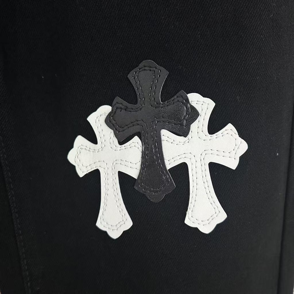 9903 CHROME HEARTS Men's and Women's American Style Trendy Jeans with Fabric Patches, Casual and Fashionable High Street Pants